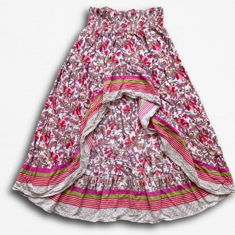 BTFBM Womens Floral High Low Maxi Skirt Pink Green Smocked Waist Boho Size L